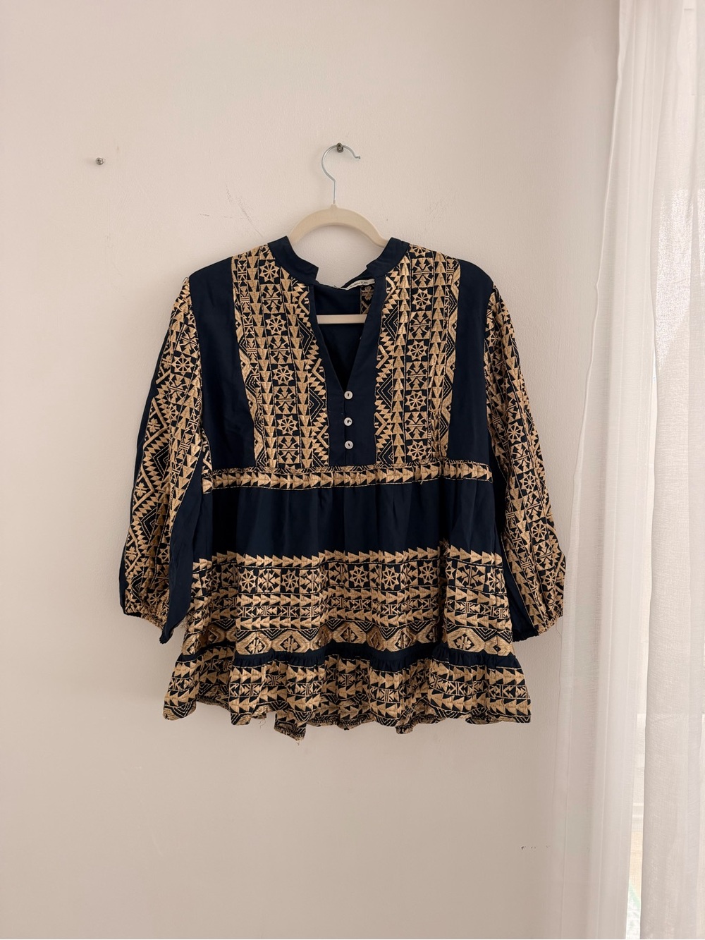 Boho Navy and Gold Printed Peasant Blouse - Women Tops